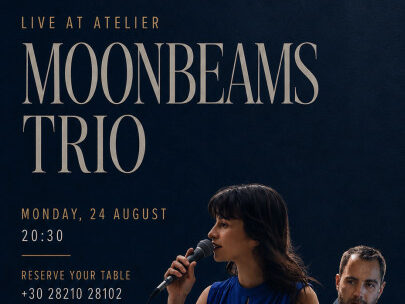 Οι Moonbeams Trio σε αφίσα για το live στο Atelier Bistro στη Χαλέπα