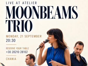 Οι Moonbeams Trio σε αφίσα για τη live εμφάνισή τους στο Atelier Bistro στα Χανιά.
