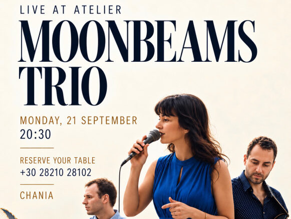 Οι Moonbeams Trio σε αφίσα για τη live εμφάνισή τους στο Atelier Bistro στα Χανιά.