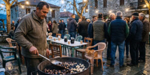 Άνδρας ψήνει κάστανα σε μεγάλη ψησταριά, ενώ επισκέπτες συγκεντρώνονται σε πλατεία με πέτρινα κτίρια και φωτισμό.