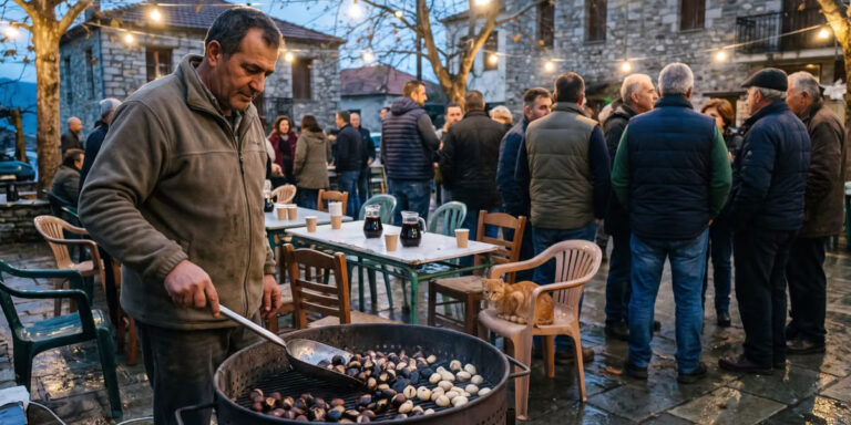 Άνδρας ψήνει κάστανα σε μεγάλη ψησταριά, ενώ επισκέπτες συγκεντρώνονται σε πλατεία με πέτρινα κτίρια και φωτισμό.