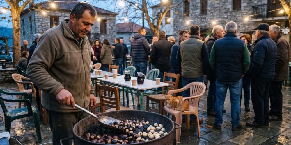 Άνδρας ψήνει κάστανα σε μεγάλη ψησταριά, ενώ επισκέπτες συγκεντρώνονται σε πλατεία με πέτρινα κτίρια και φωτισμό.