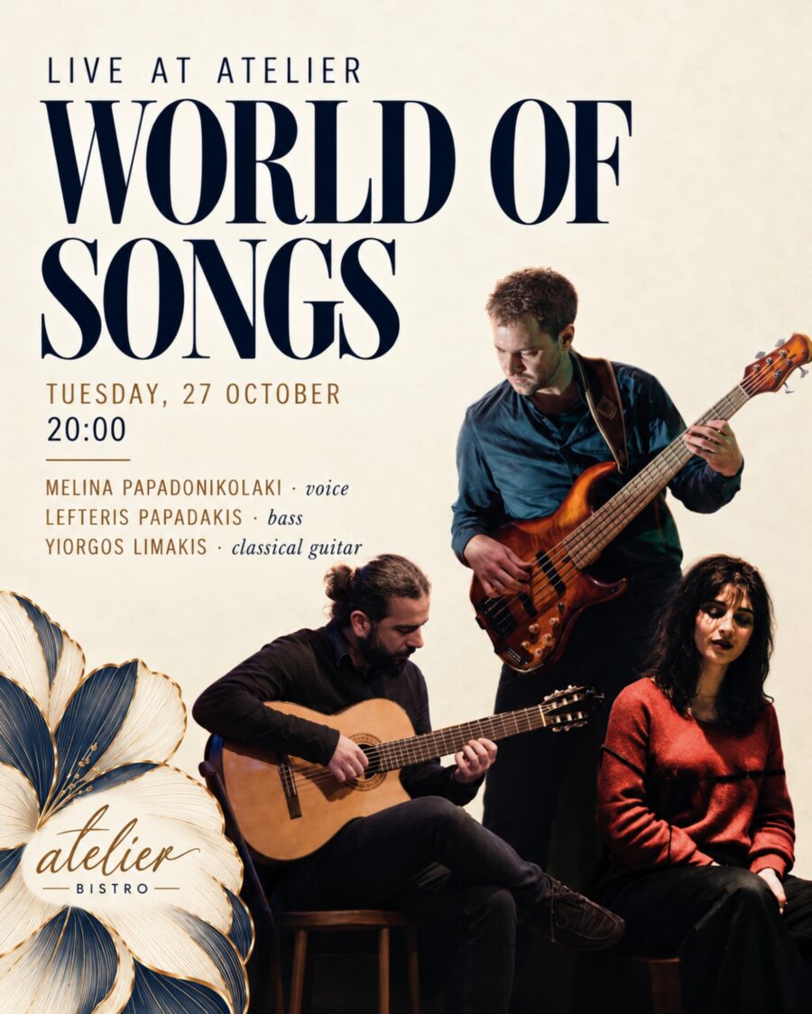 Αφίσα του World of Songs στο Atelier Bistro στα Χανιά, με τη Μελίνα Παπαδονικολάκη, τον Γιώργο Λιμάκη και τον Λευτέρη Παπαδάκη.